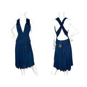 NWT SEAN by Sean Combs Size L Midi Dress Sleeveless Plunge Neckline Navy Blue